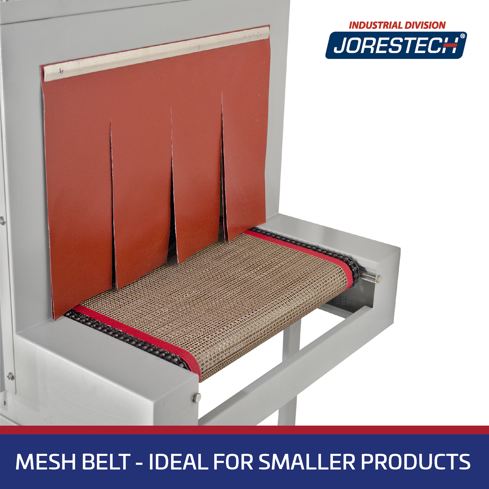 Close-up of the tunnel entrance showing the mesh conveyor. There’s white text over blue background that reads “mesh belt – ideal for smaller products”