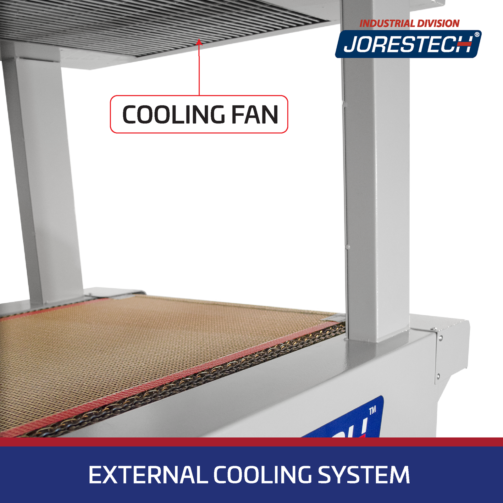 Close-up of the mesh conveyor and cooling system fan of the heat wrapping heat tunnel