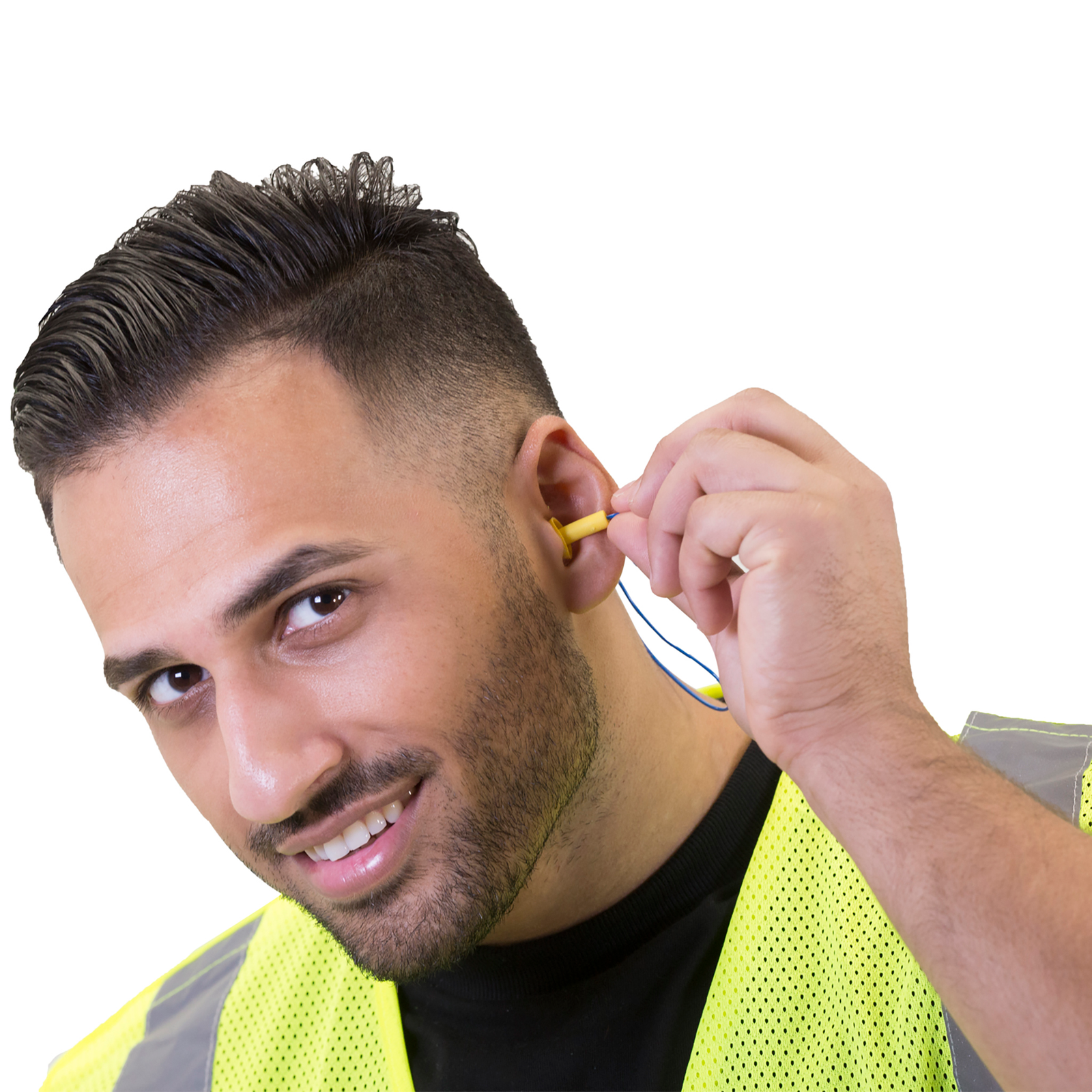 Man wearing high visibility clothing donning a JORESTECH®  silicone corded ear plug