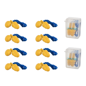 Set of 10 corded yellow and blue JORESTECH silicone ear plug over white background. 2 sets come in a small carry plastic box