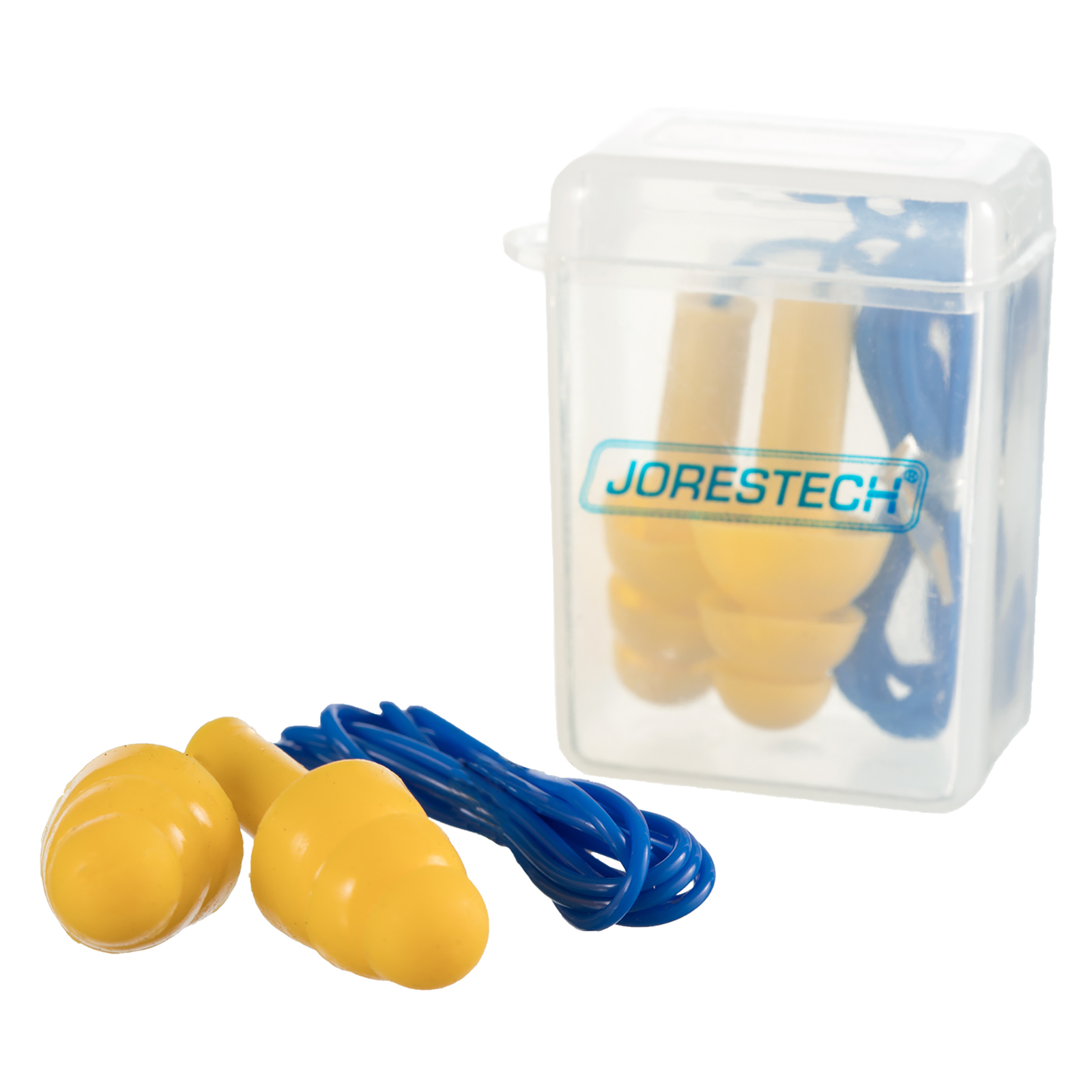 Shows one set of silicone tri flange corded JORESTECH® earplug inside a carry on container of plastic, and another earplug set in front with bright blue and yellow colors