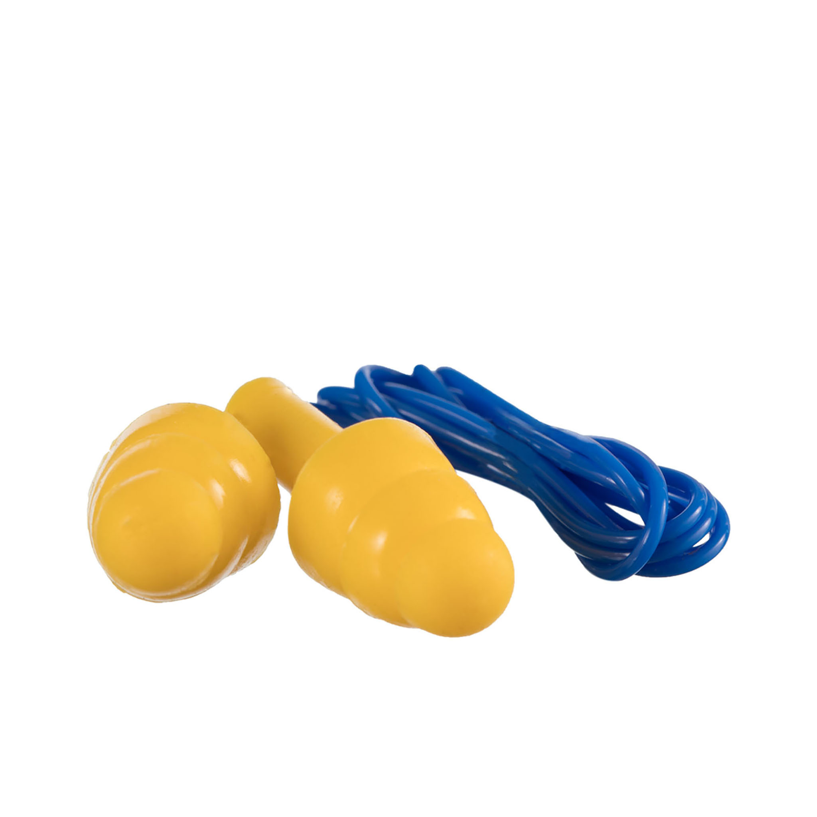 one set of silicone tri flange corded JORESTECH® yellow and blue earplugs for hearing protection