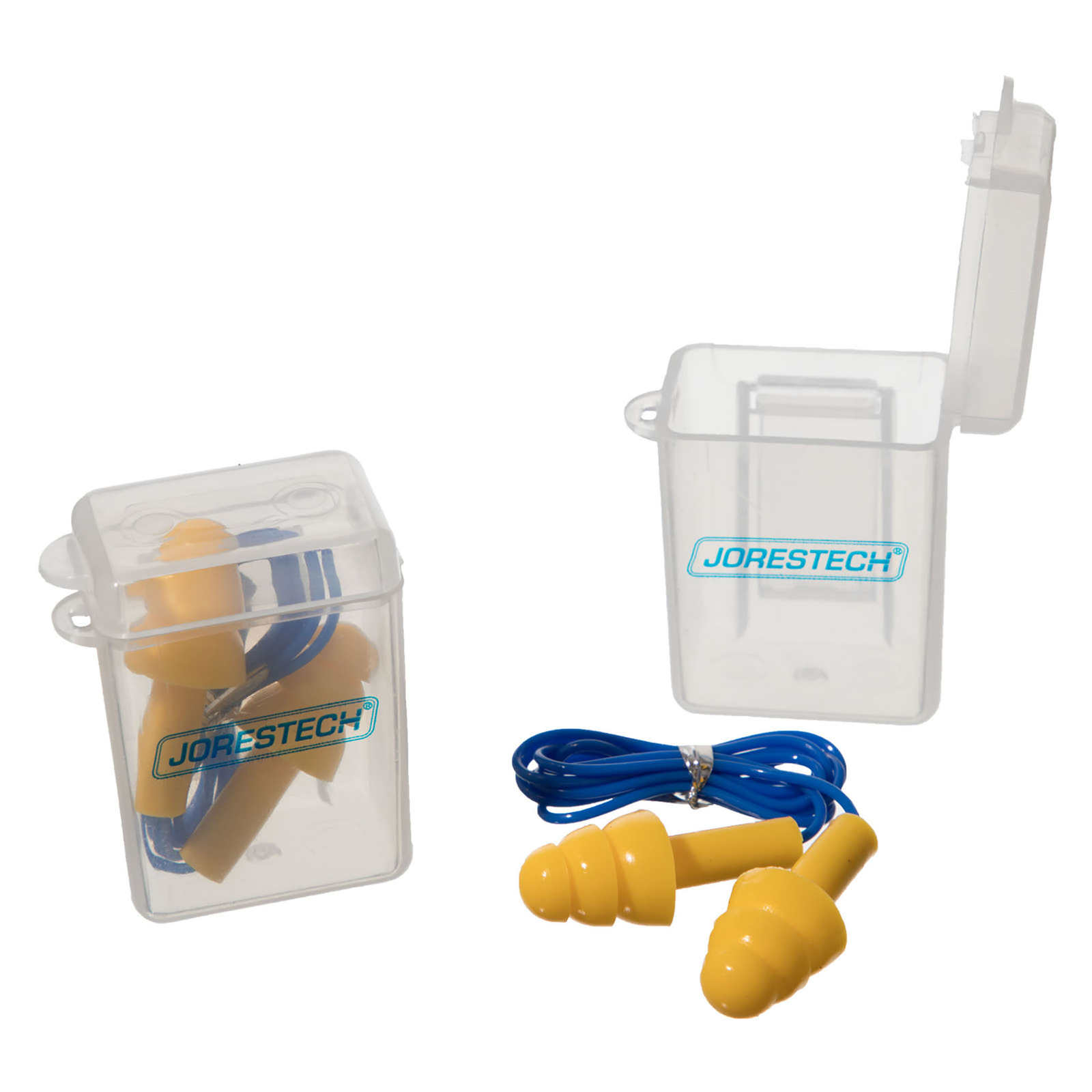 Features one set of silicone tri flange corded JORESTECH® earplug inside a carry on container of plastic, and another earplug set beside an open empty carry on container. This shows that the package comes with 2 carry on small containers