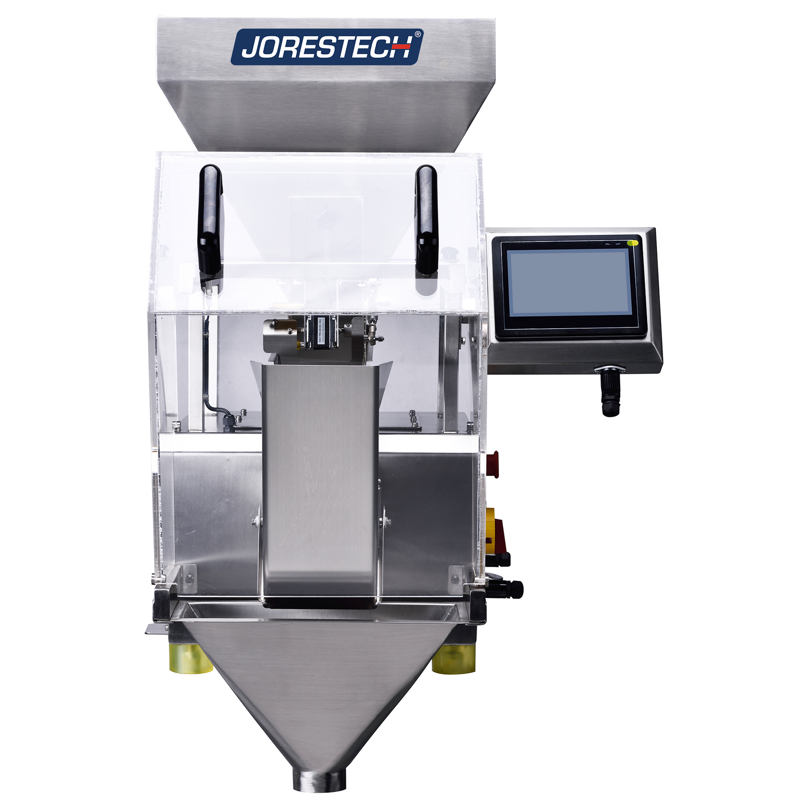 Frontal view of a stainless steel linear weighing machine with a JORESTECH sticker 