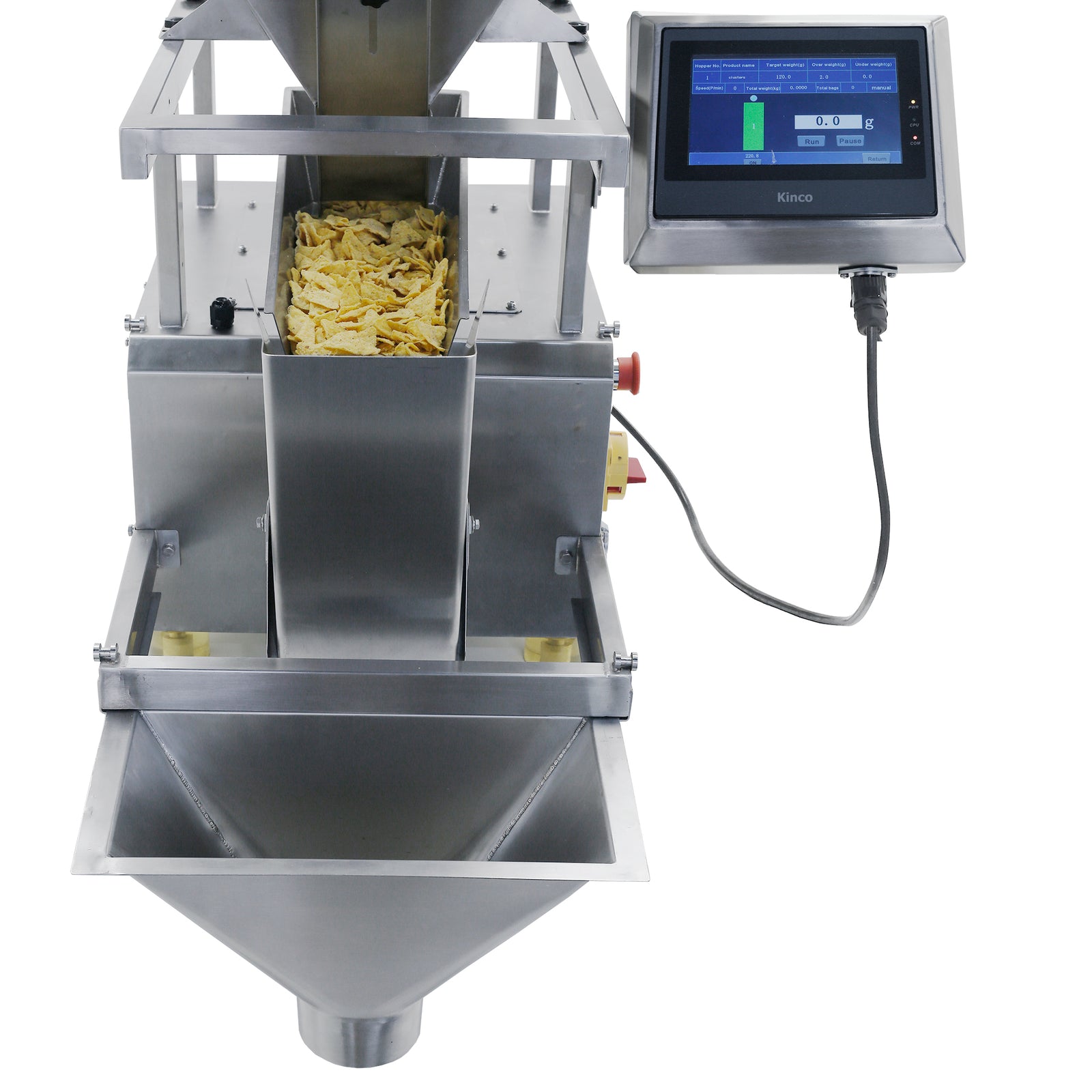 Top view of a linear weigher with potato chips inside, free flow moving, ready to be weighed, dispensed and packaged