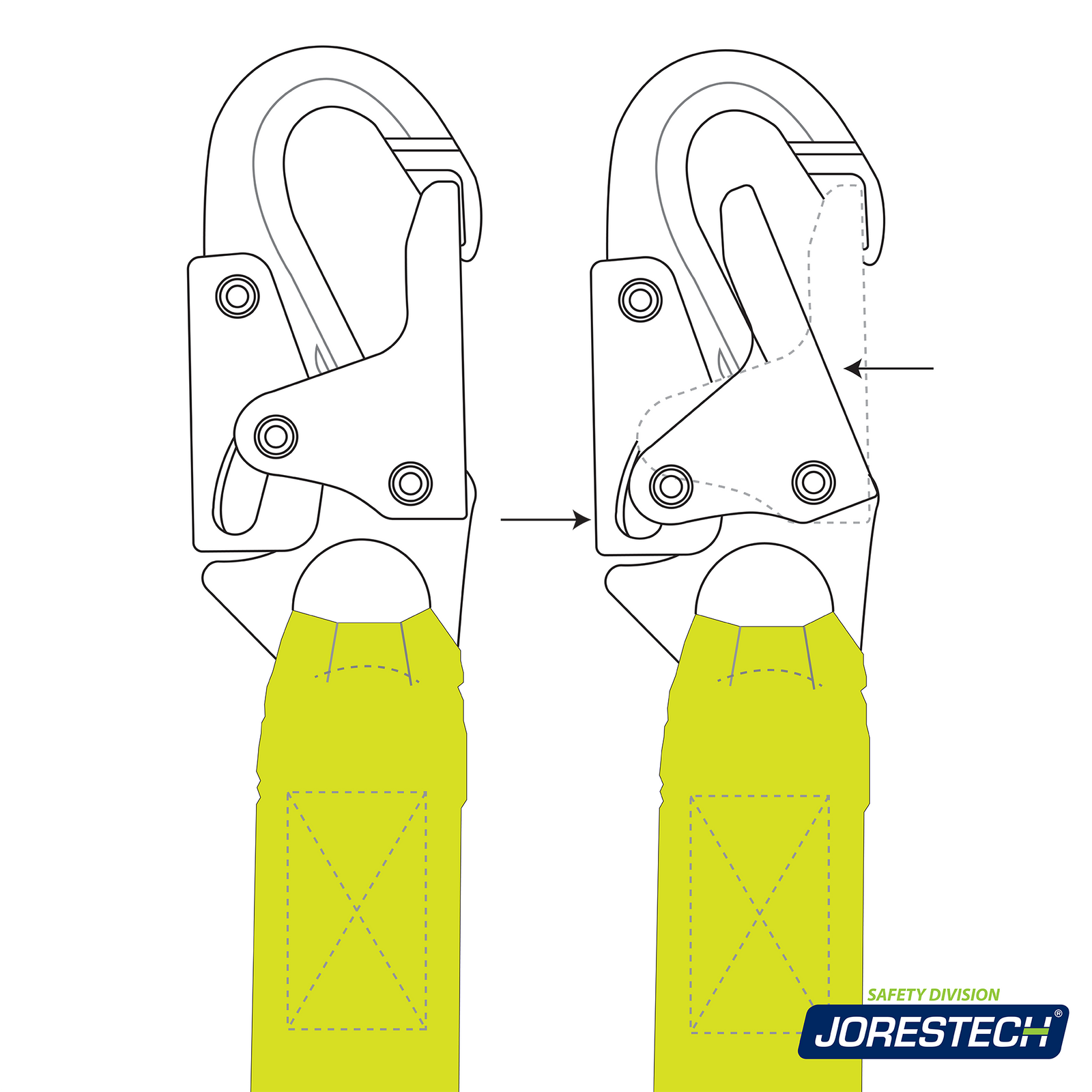 Diagram in black and yellow showing the metal shock absorbing snap hooks of the JORESTECH lanyard when open and when closed