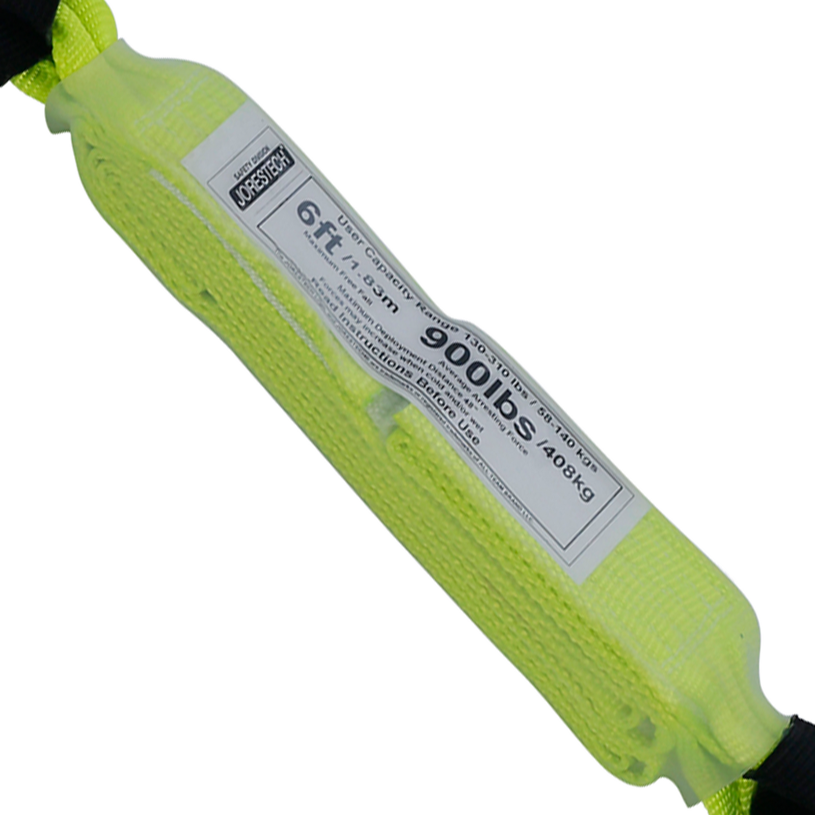 Close up to show the shock absorbing portion of the hi-vis lime single leg internal lanyard with snap hooks