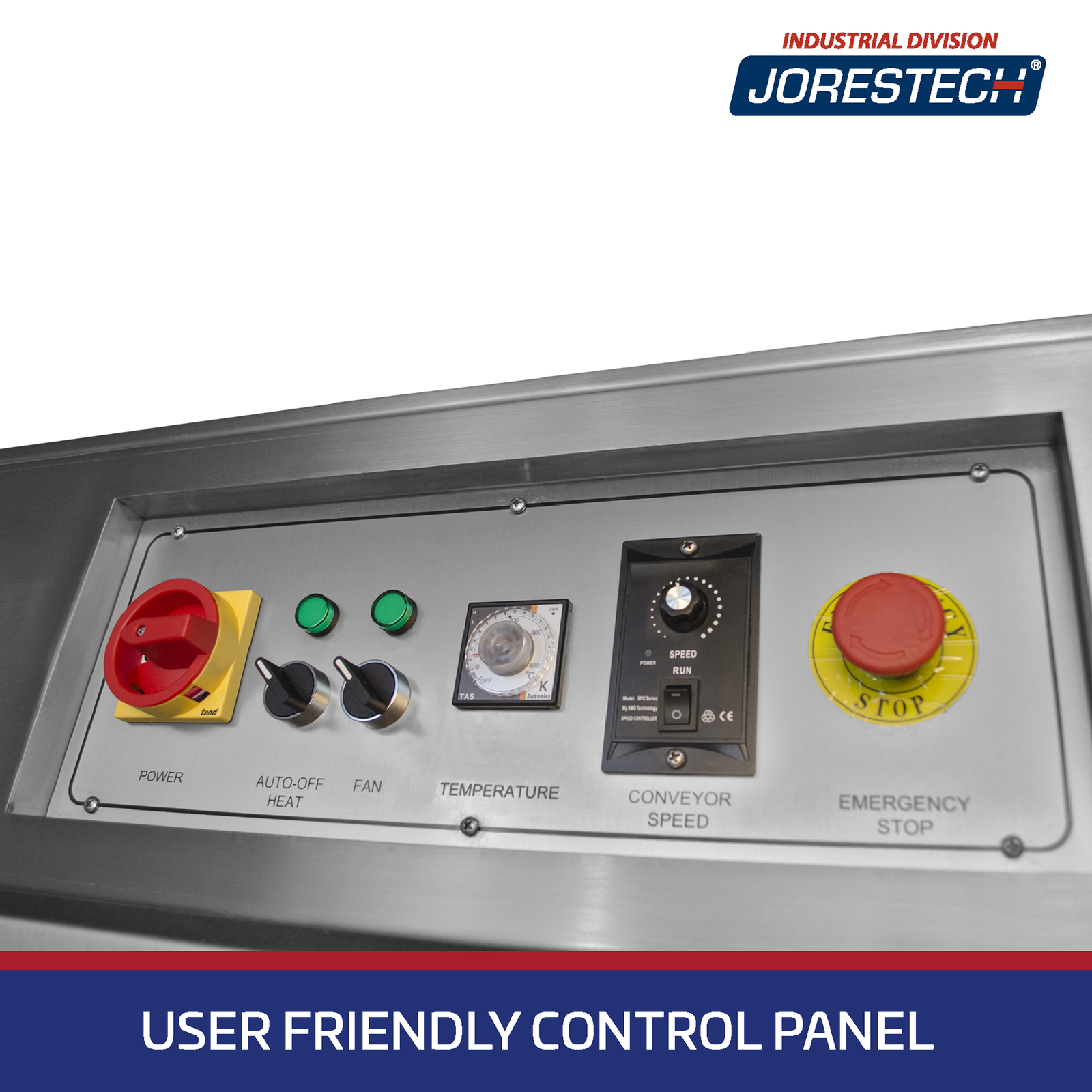 Close-up of the control panel of the heat wrapping shrink tunnel. There’s white text over blue background that reads “User Friendly Control Panel” 