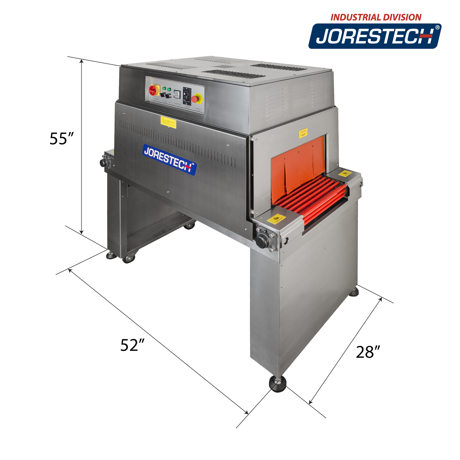 A diagonal view of the Jorestech stainless steel shrink wrapping heat tunnel over white background and the measurements which are 52