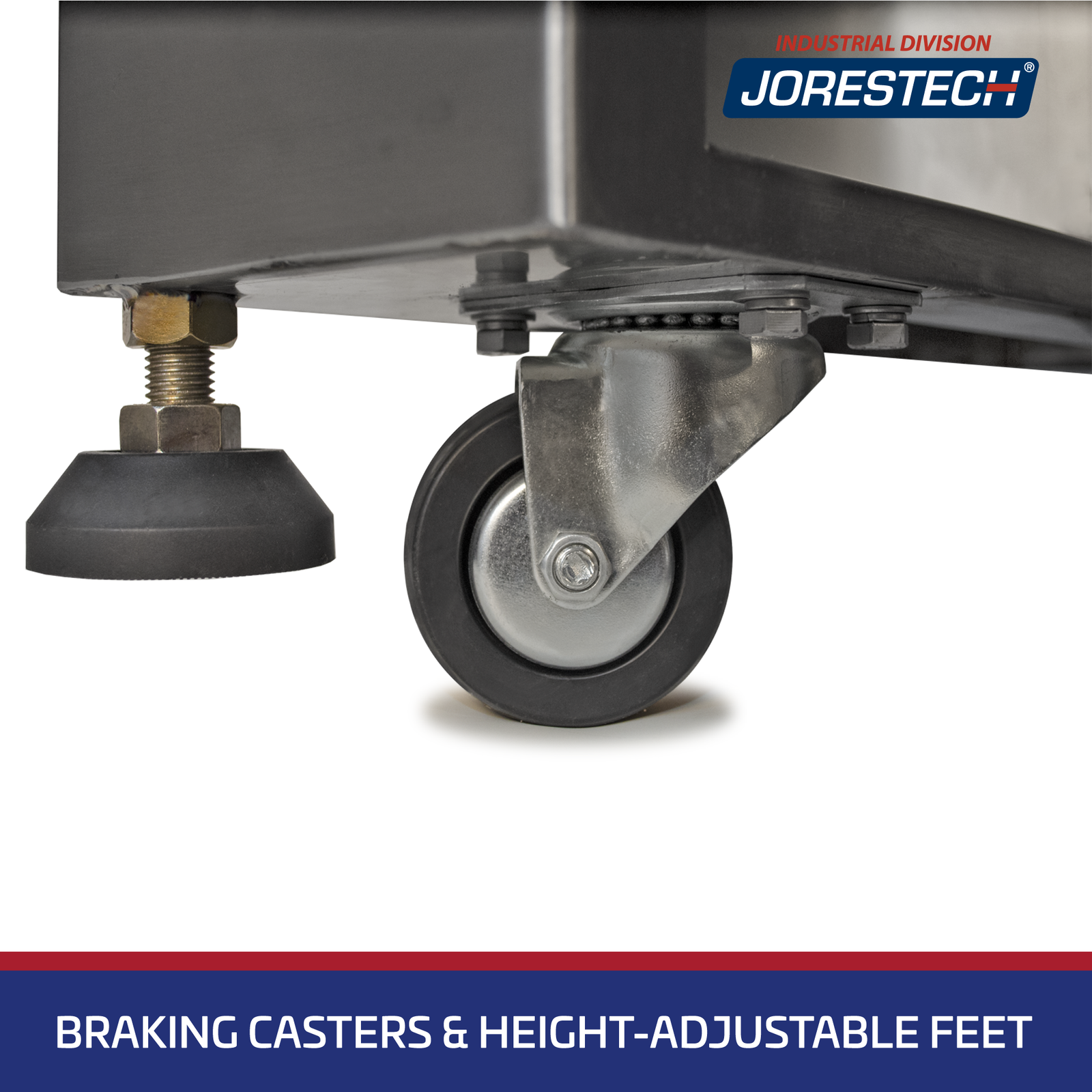Close-up of the shrink wrapping legs and casters. There’s white text over blue background that reads “Breaking casters and height-adjustable feet”.