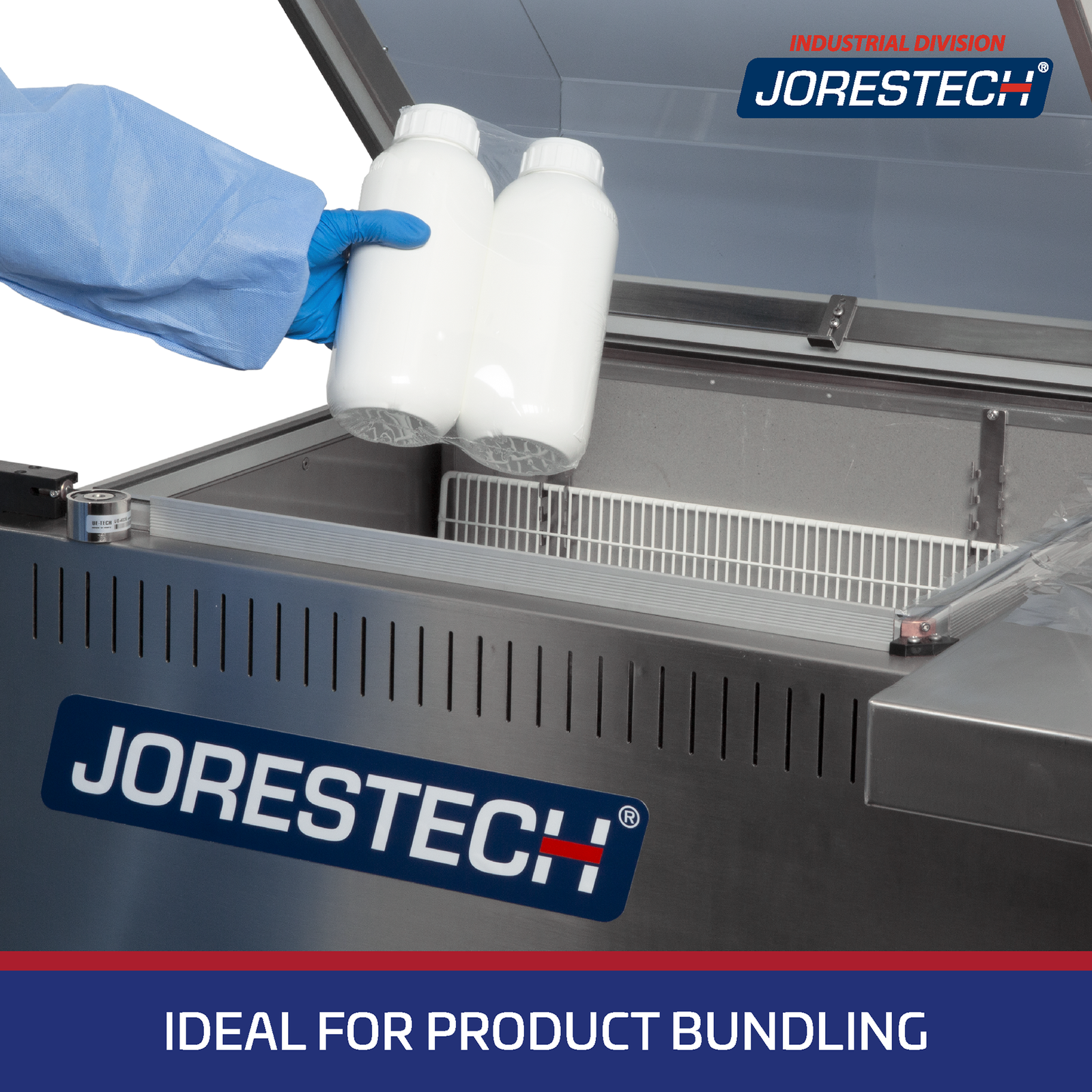 Close-up of the shrink chamber or a JORES TECHNOLOGIES® shrink wrapping system with two containers that were shrink packaged together into one bundle.  Blue banner on the bottom with a white text that says ideal for product bundling.