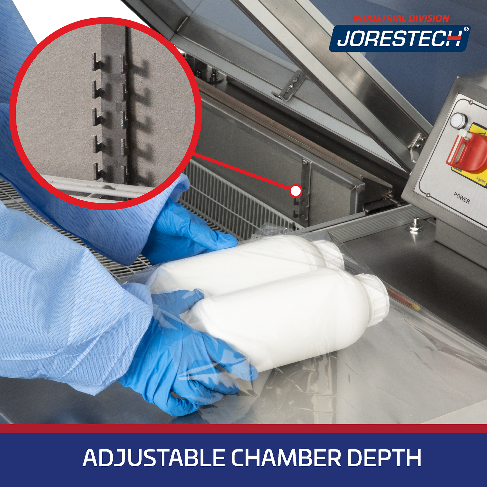 Close up of the shrink chamber or a JORES TECHNOLOGIES® shrink wrapping system with two containers that were shrink packaged together into one bundle. A zoomed in image shows the height adjustment racks behind the chamber tray where chamber depth can be adjusted. Blue banner on the bottom with a white text that says Adjustable Chamber Depth.