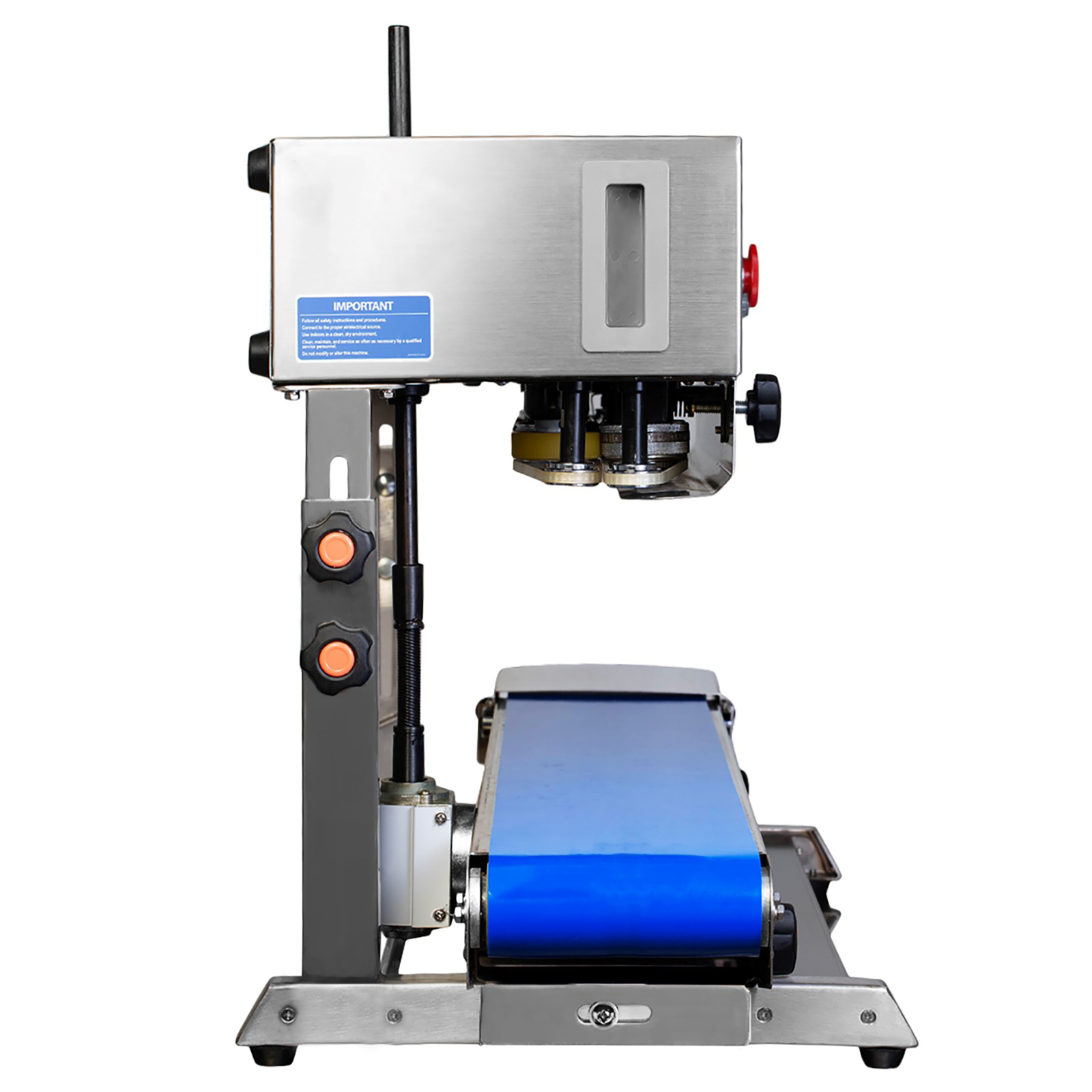side view of a JORES TECHNOLOGIES® stainless steel Continuous band sealing machine with blue revolving band set for vertical applications