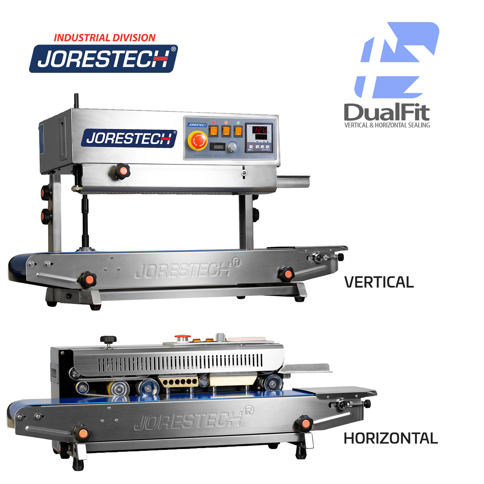 Vertical and horizontal positioning of the stainless steel JORES TECHNOLOGIES® continuous band sealer with counter. Dual fit logo with arrows indicate that this table top bag sealer can be used for vertical and for horizontal applications. 