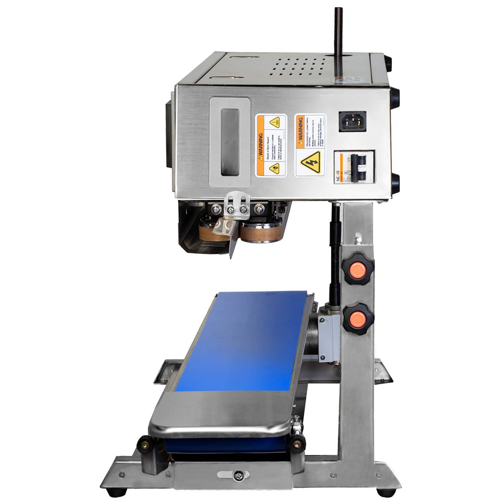 Side view of the JORESTECH Stainless steel continuous bag sealing machine with blue revolving band set for vertical applications over white background