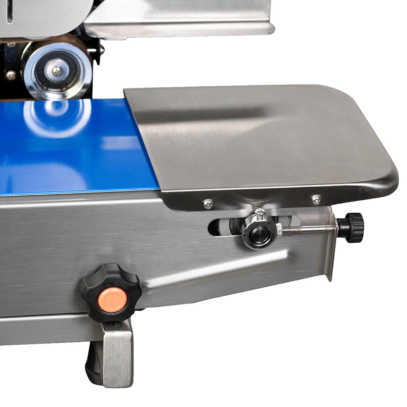 close up of leg and base of a stainless-steel JORESTECH continuous bag sealing machine