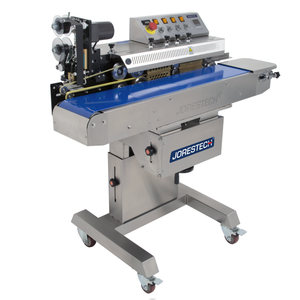 stainless steel JORESTECH continuous band sealer with hot stamp coder and a blue revolving band. This is a self standing bag sealer and it has heavy duty wheels.