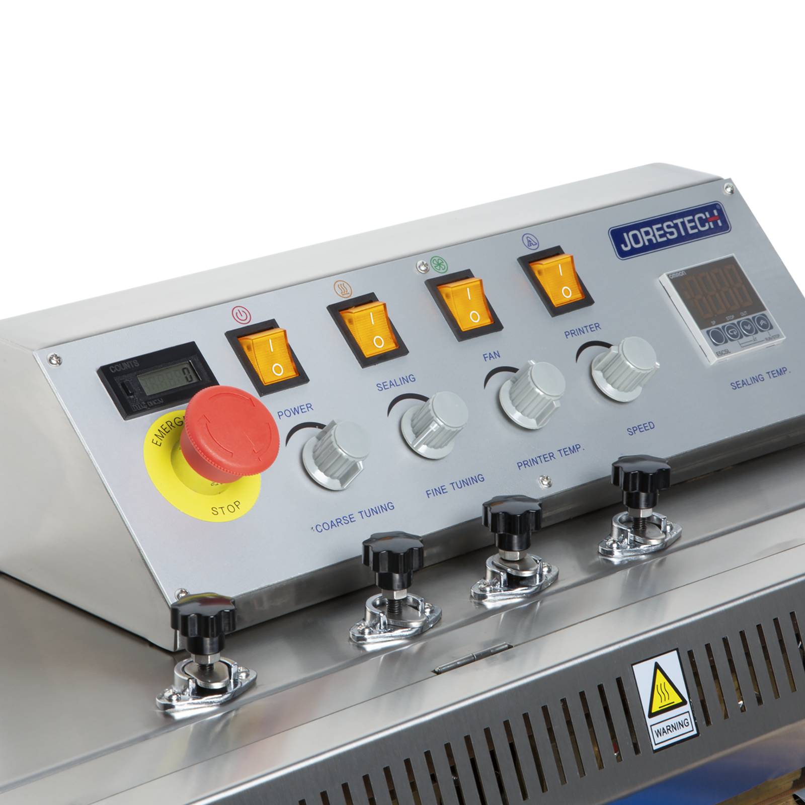 grey control panel with digital temperature control regulator, red emergency button, yellow switches, and grey dials. of the JORES TECHNOLOGIES® continuous band sealer with coder