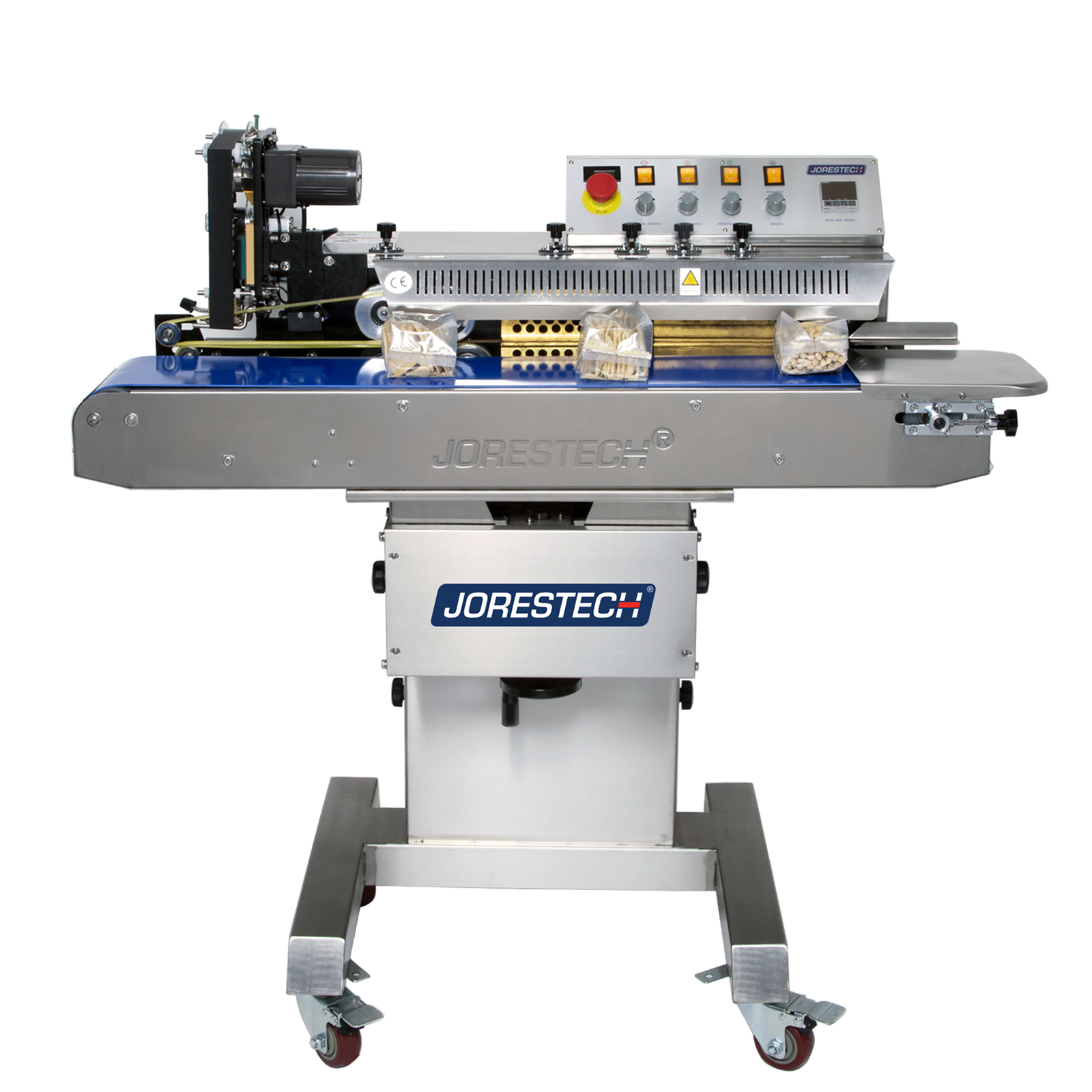 front view of the self standing JORESTECH stainless steel continuous band sealer with coder