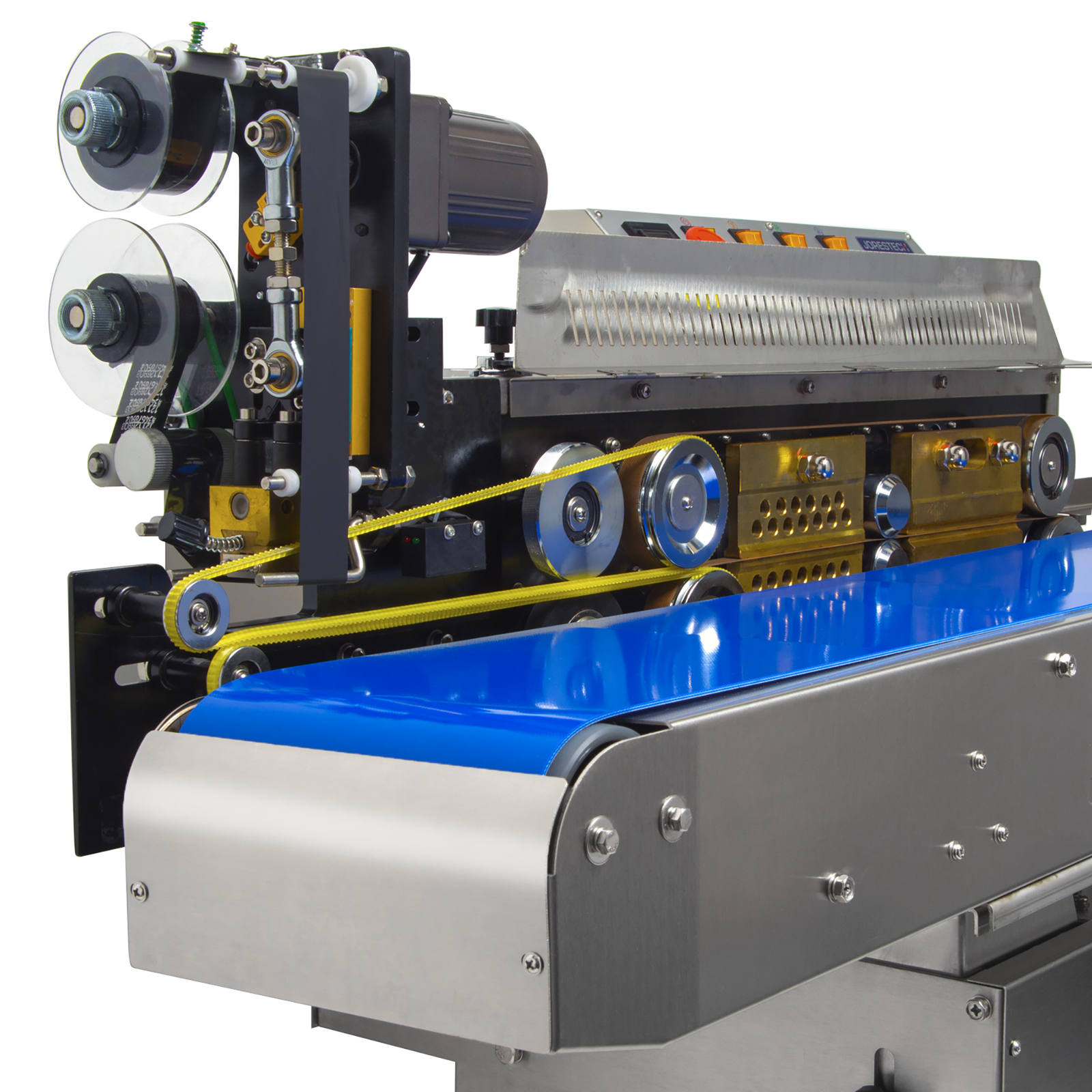 Close up view of the hot stamp coder integrated to the JORES TECHNOLOGIES® Horizontal continuous band sealer
