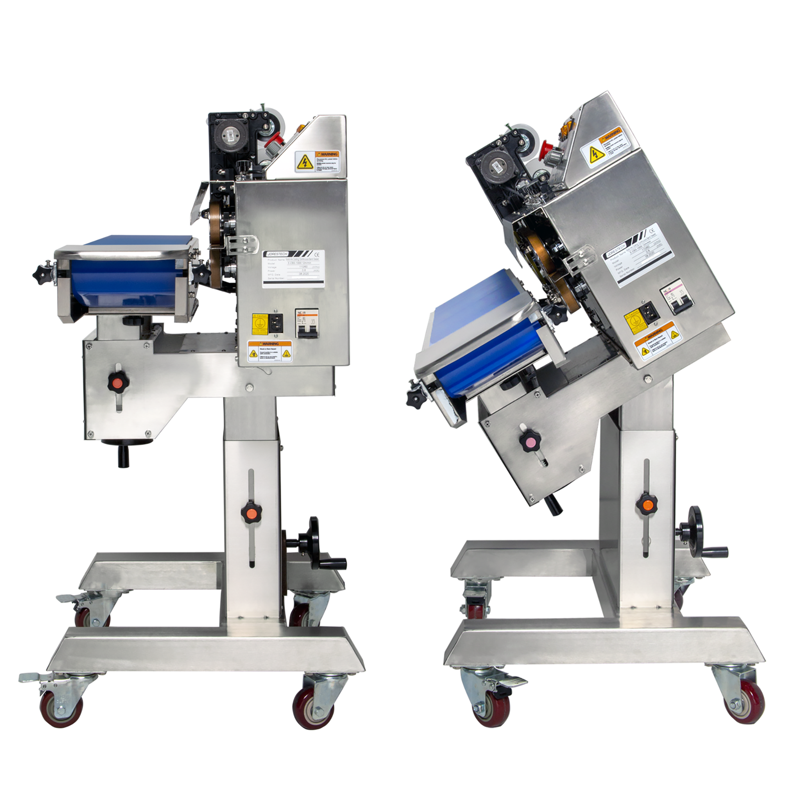 2 stainless continuous band sealers with coder next to each other. One is in an horizontal position, the other one has been tilted forward to an angle to show that the machine can be used in both positions.