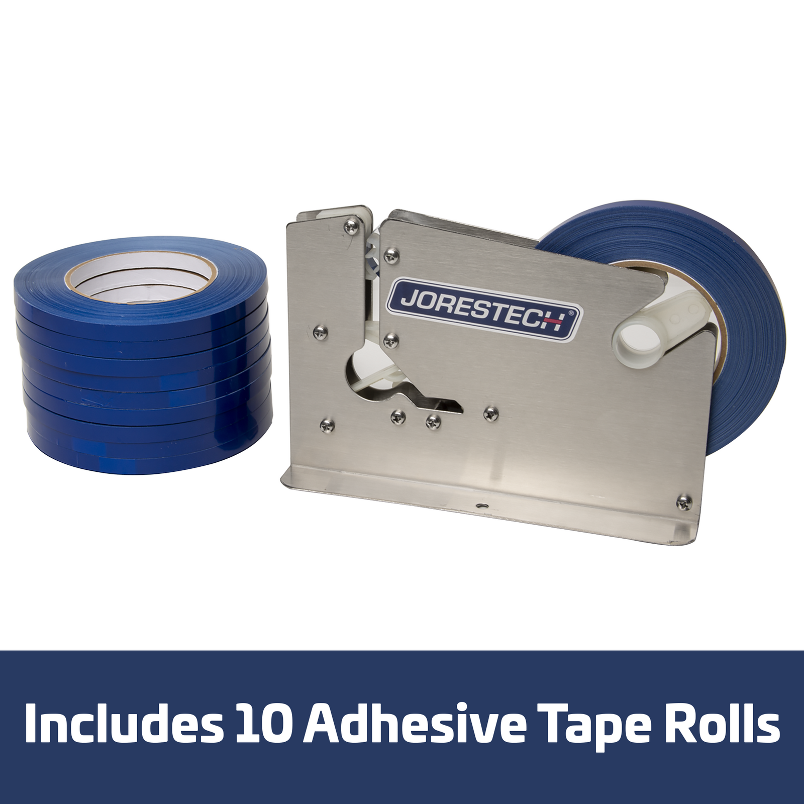 A stainless steel bag closer next to 10 blue tape rolls. Blue Banner reads: Includes 10 adhesive tape rolls.