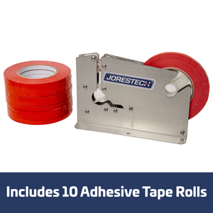 A stainless steel bag closer next to 10 red tape rolls. Blue Banner reads: Includes 10 adhesive tape rolls.