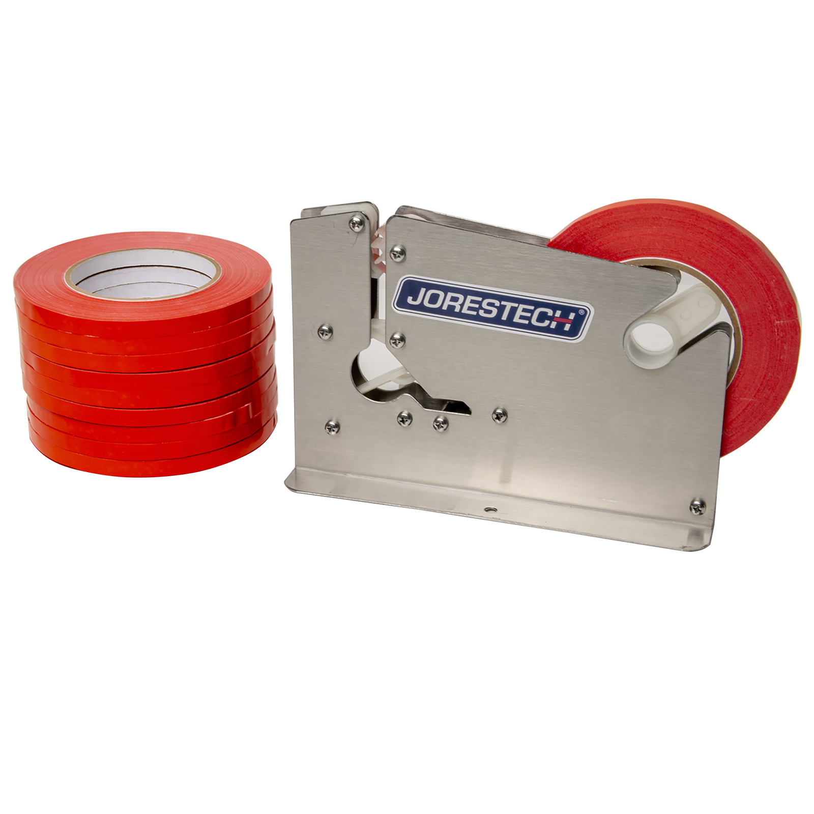 A stainless steel bag closer next to 10 adhesive red tape rolls
