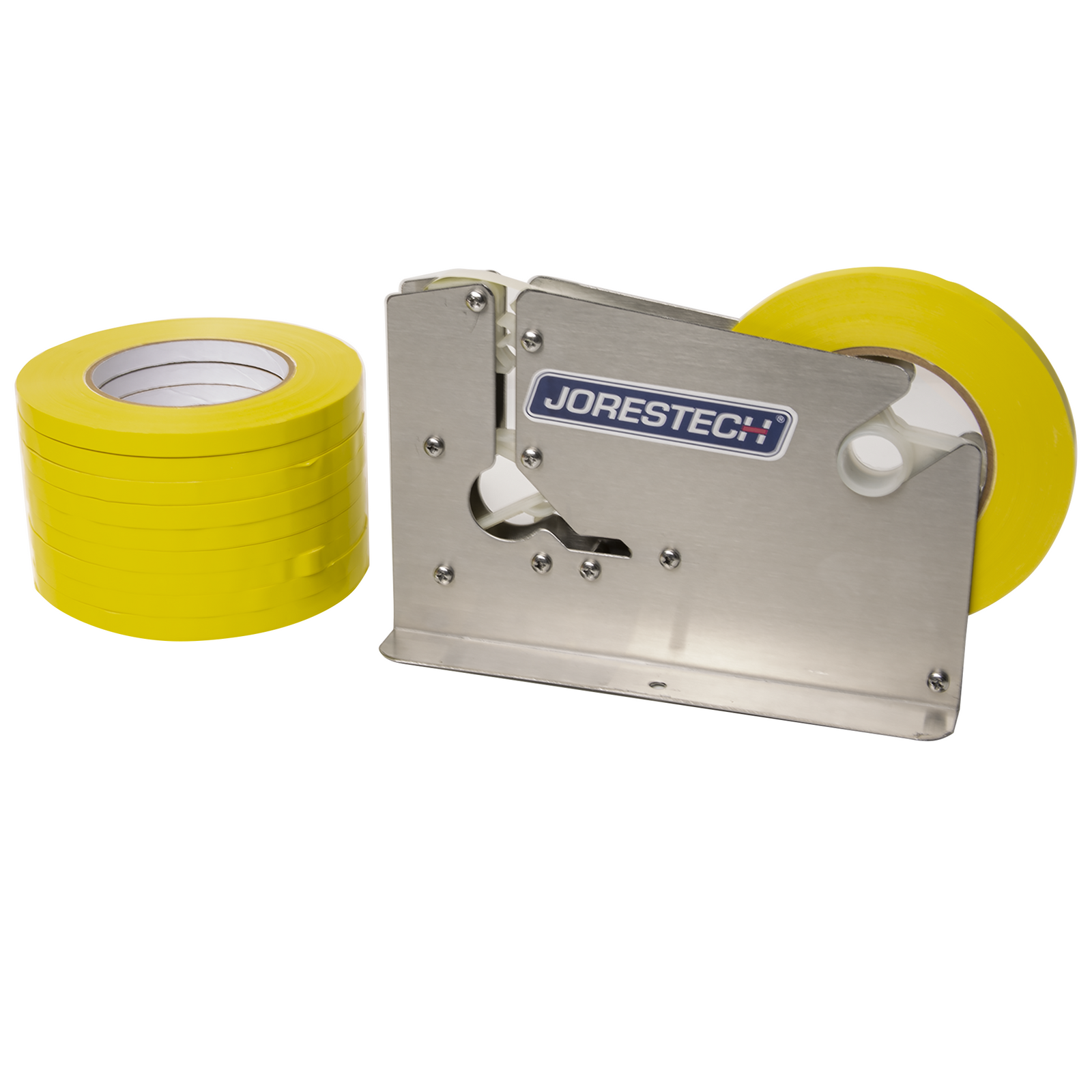 A stainless steel bag closer next to 10 adhesive yellow tape rolls