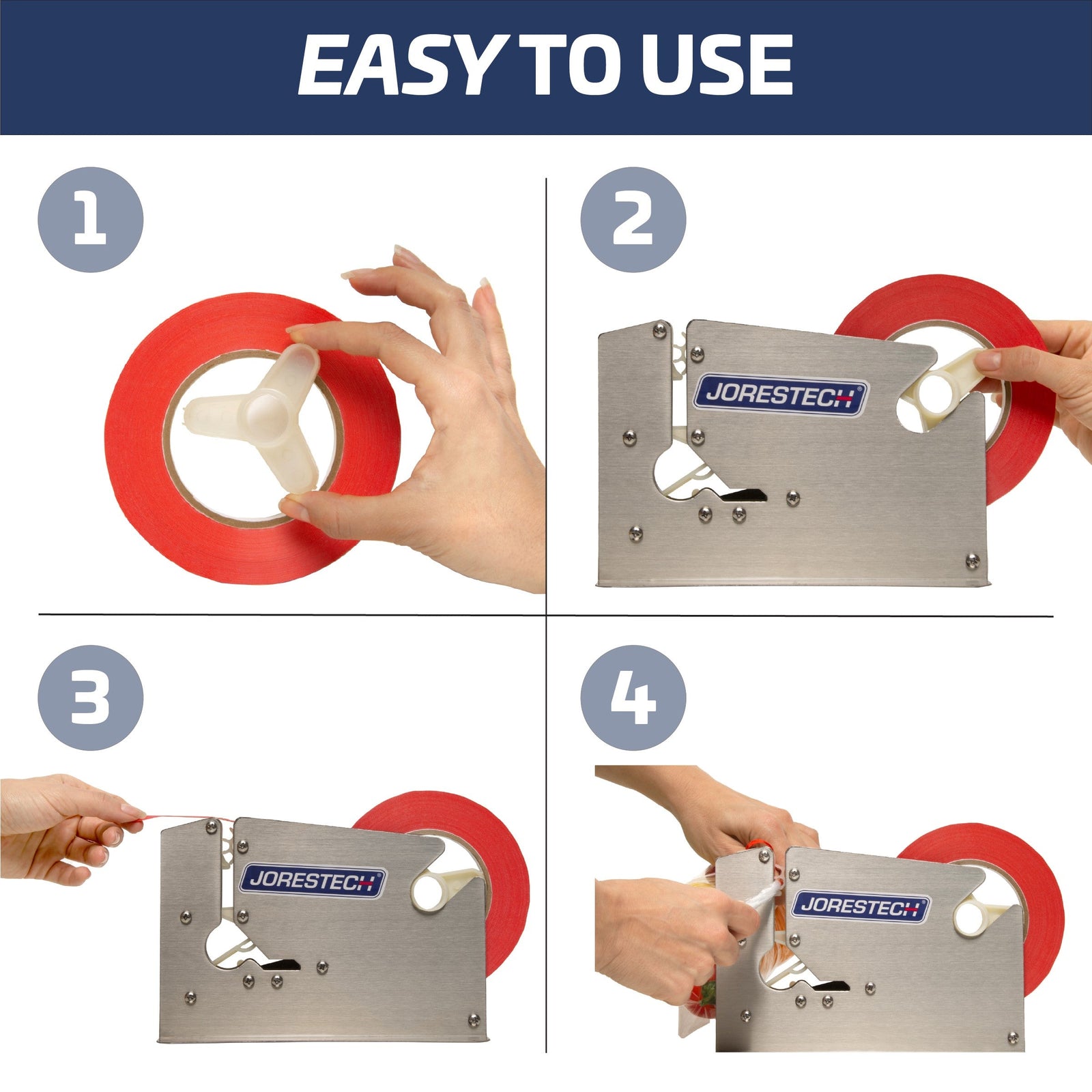 A sequence of four steps of show how to place the adhesive tape into the JORES TECHNOLOGIES® manual bag taper. Banner reads:  