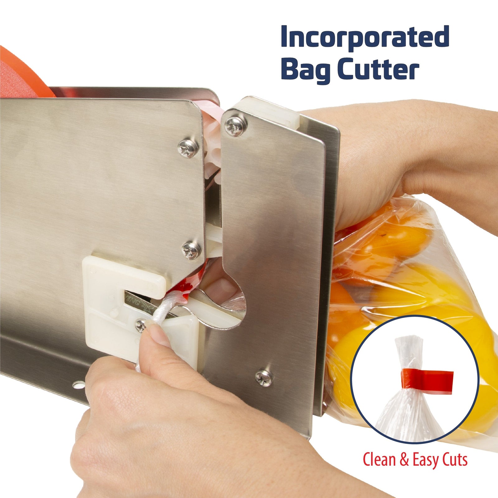 Close up of an operator using the stainless steel manual bag taper cutting plastic bag filled with bell peppers. Text reads: Clean and easy cut and incorporated bag cutter.