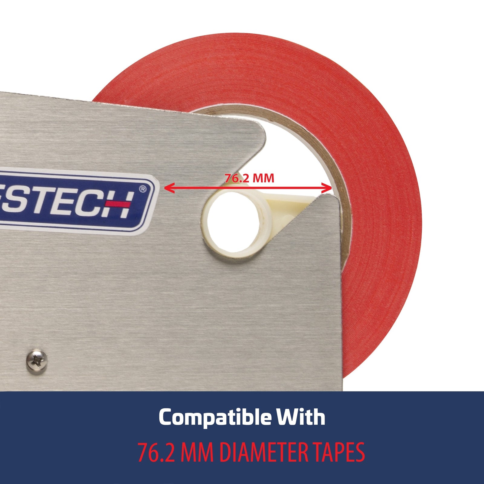 Close up of a red tape roll positioned in JORESTECH bag taper with blue bottom banner that says compatible with 76.2 mm diameter tapes