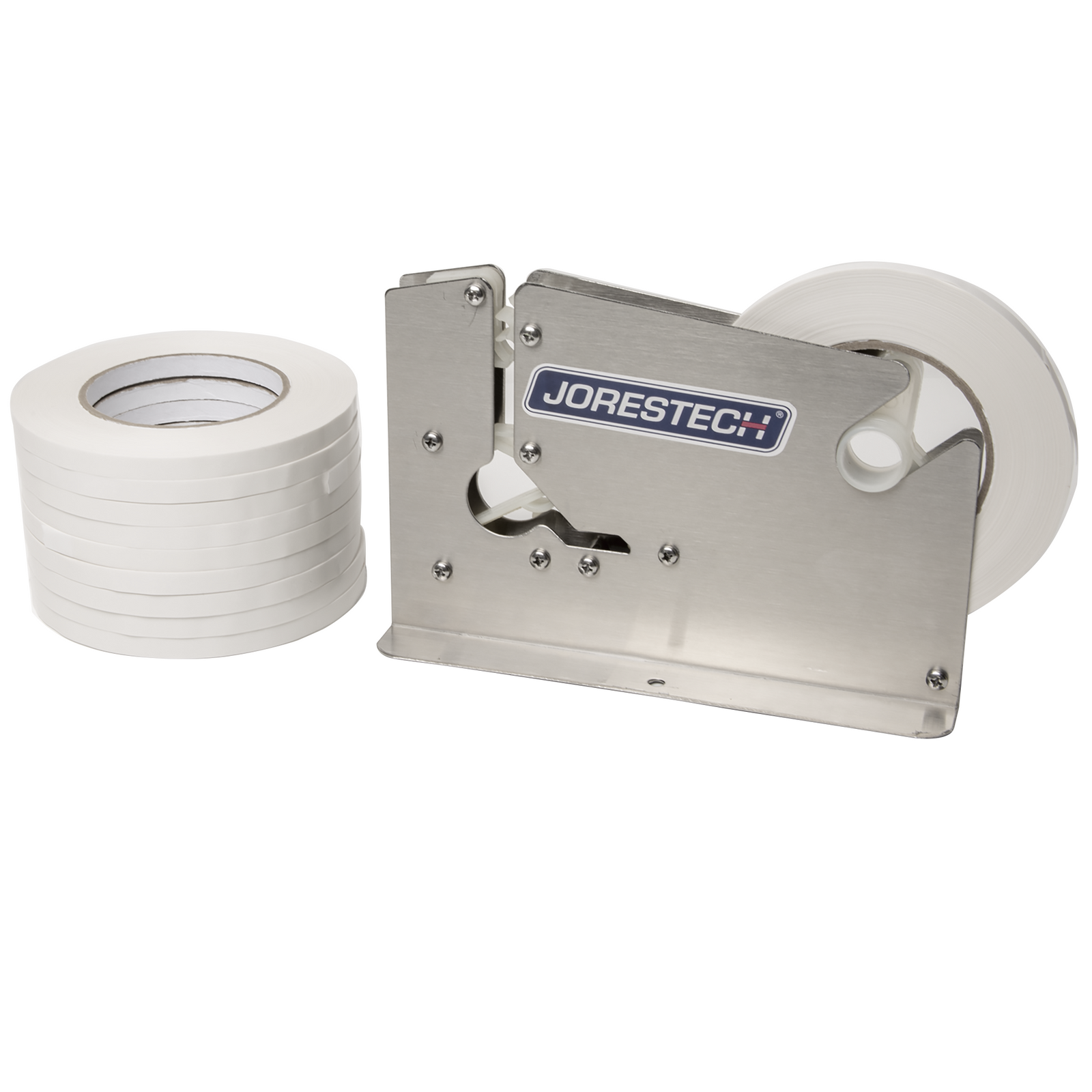 A stainless steel bag closer next to 10 adhesive white tape rolls