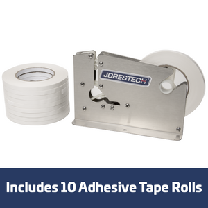 A stainless steel bag closer next to 10 white tape rolls. Blue Banner reads: Includes 10 adhesive tape rolls.