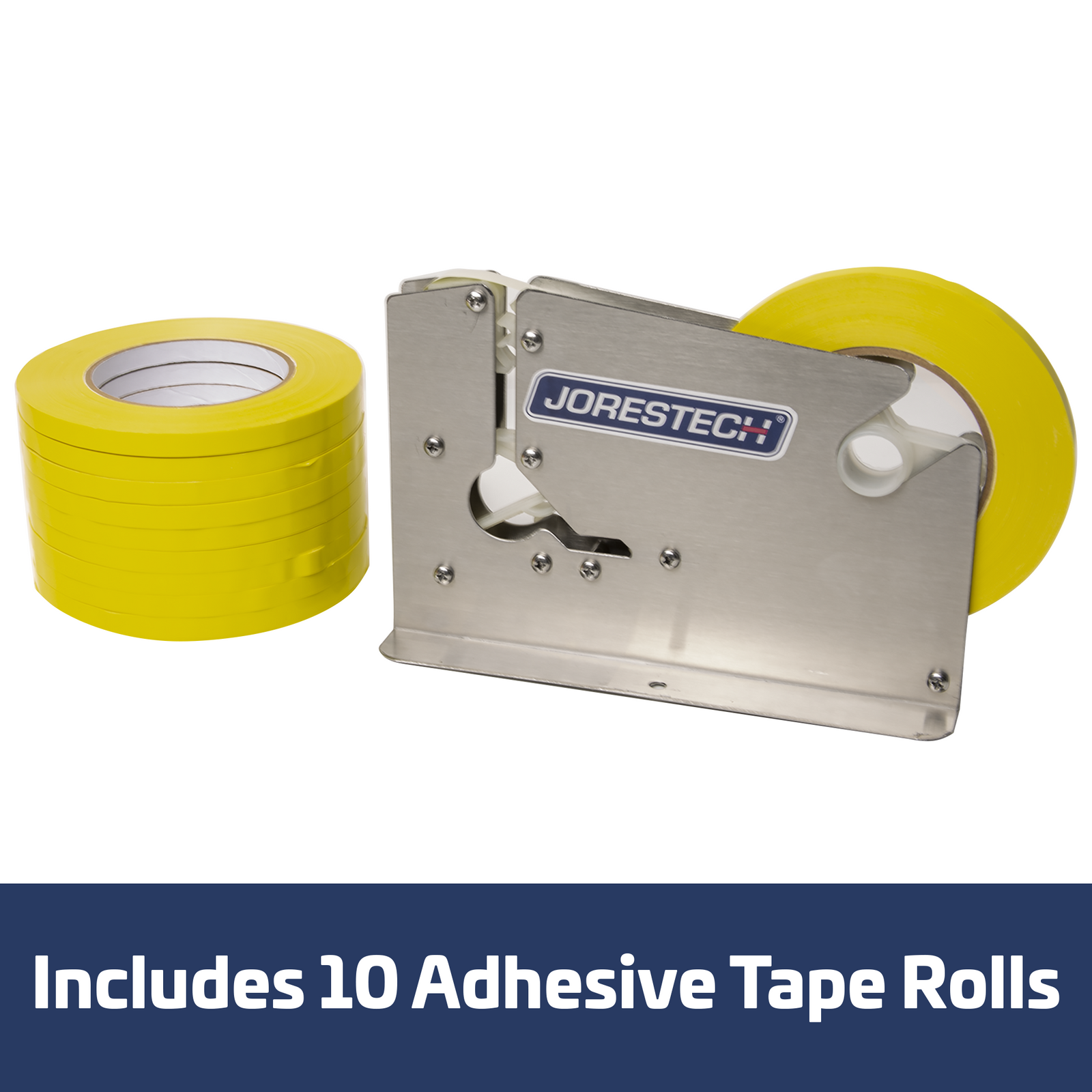 A stainless steel bag closer next to 10 yellow tape rolls. Blue Banner reads: Includes 10 adhesive tape rolls.