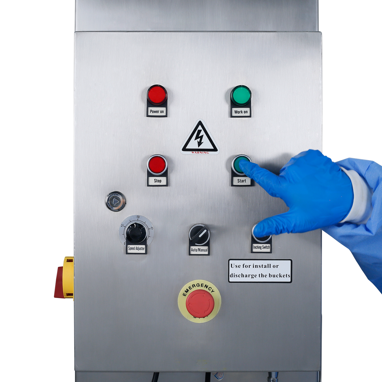Control panel and the hand of a person wearing blue nitrile gloves pressing the start bottom of the Stainless Steel Motorized Bucket Elevator