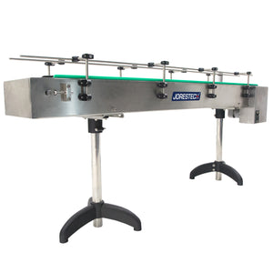 stainless steel motorized conveyor with blue JORES TECHNOLOGIES® logo in the center