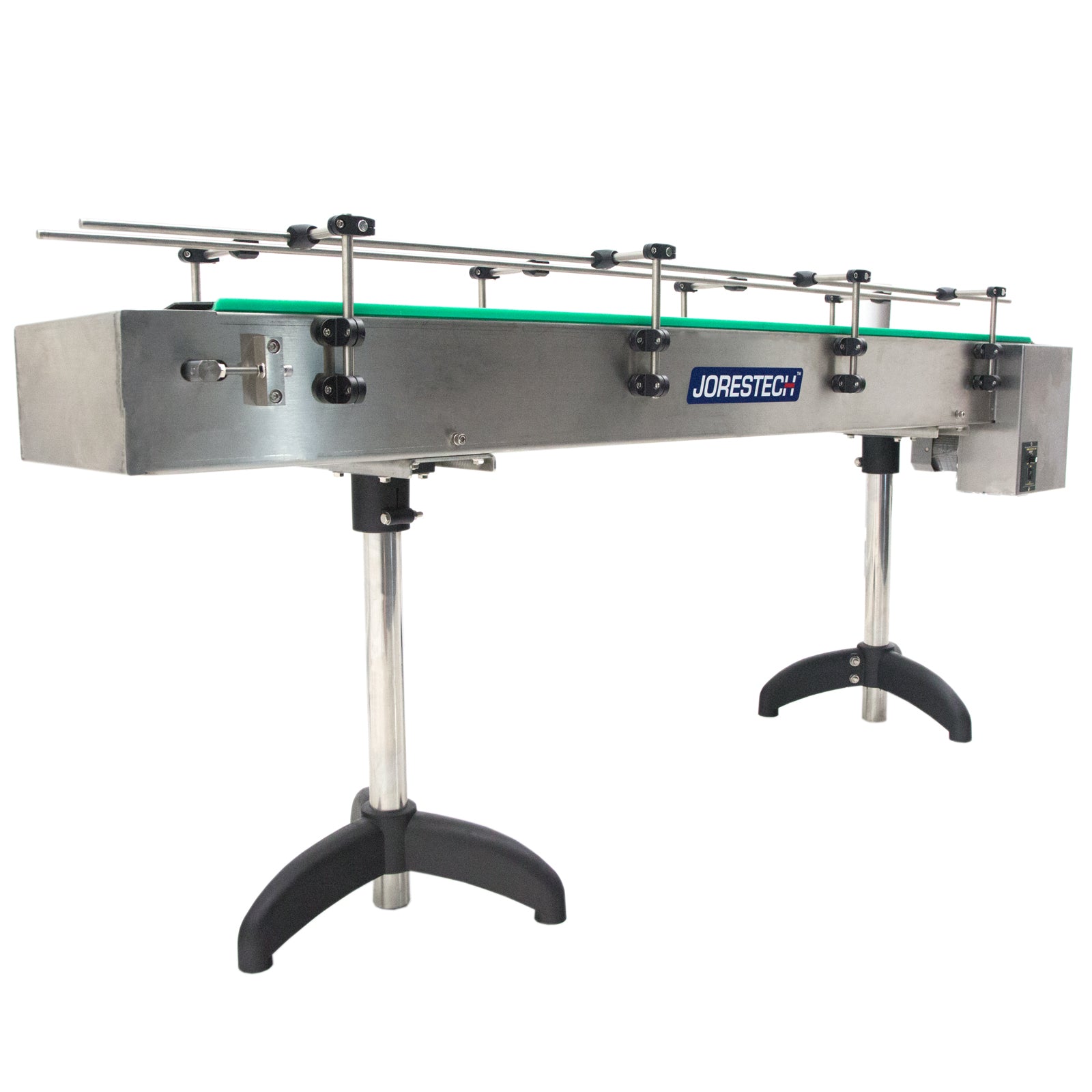stainless steel motorized conveyor with blue Jorestech logo in the center