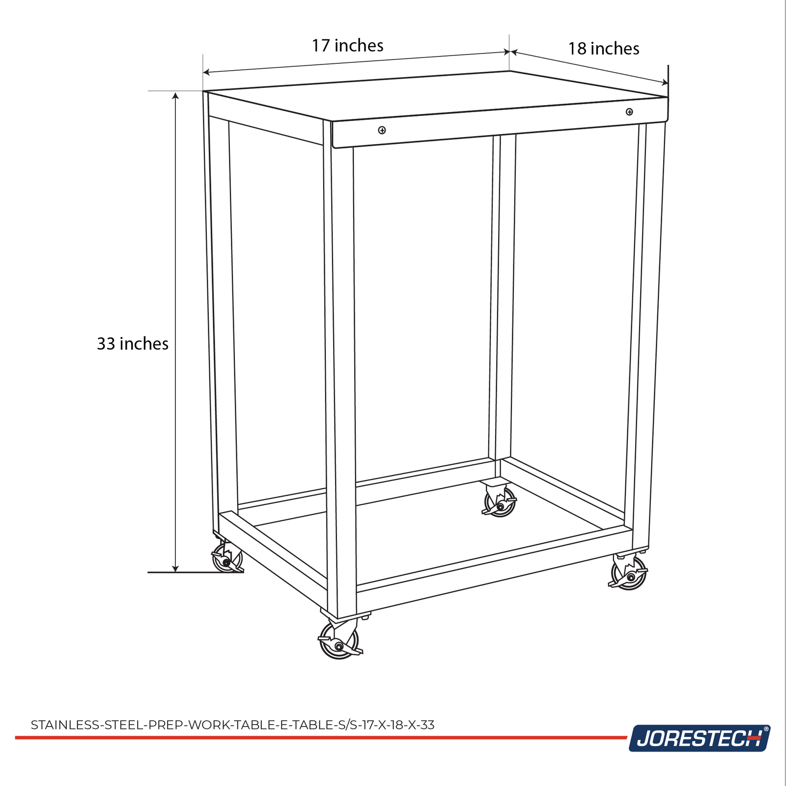 Infographic describing the measurements of the stainless steel table which are 17x18x3