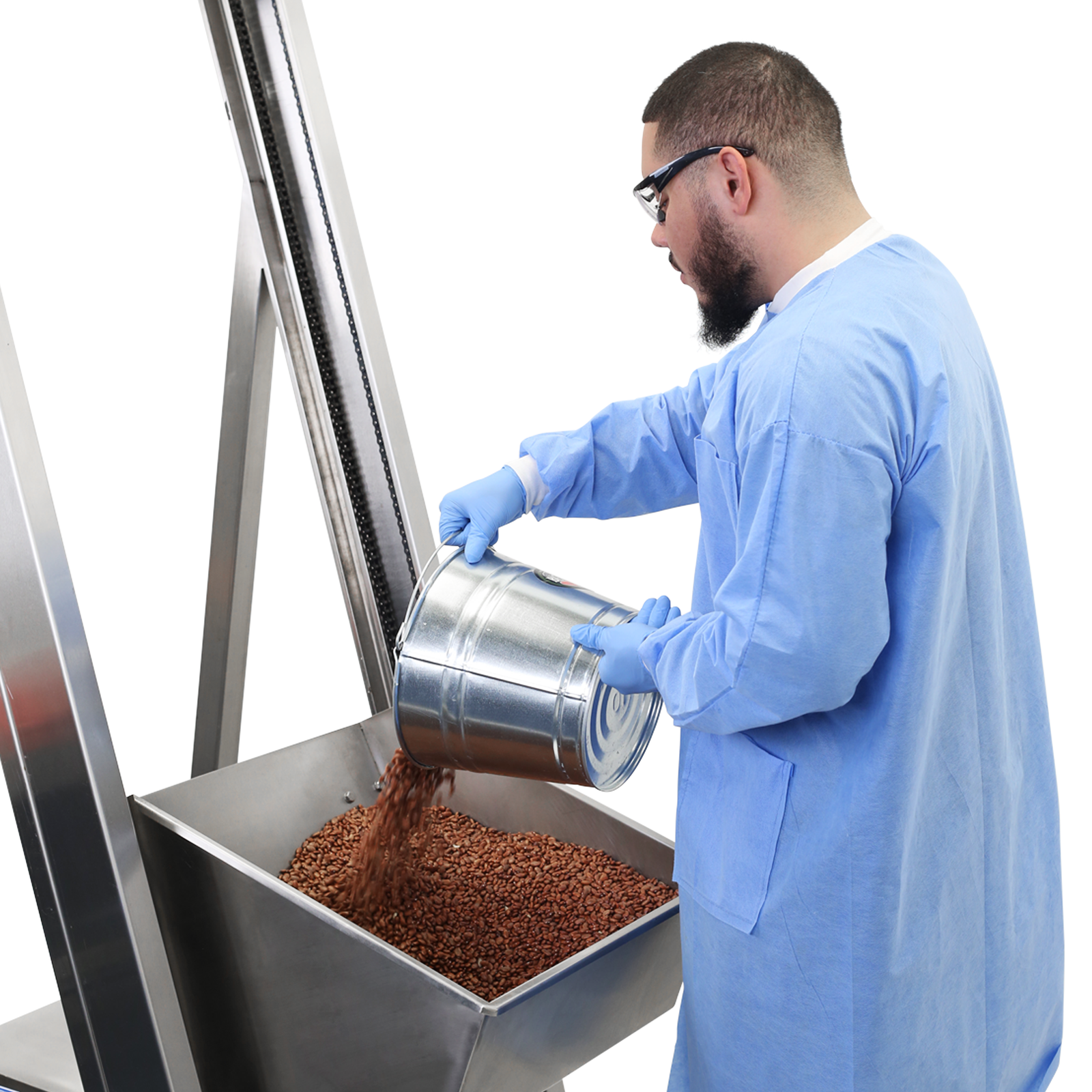 Worker pouring dry beans into the stainless steel single bucket elevator