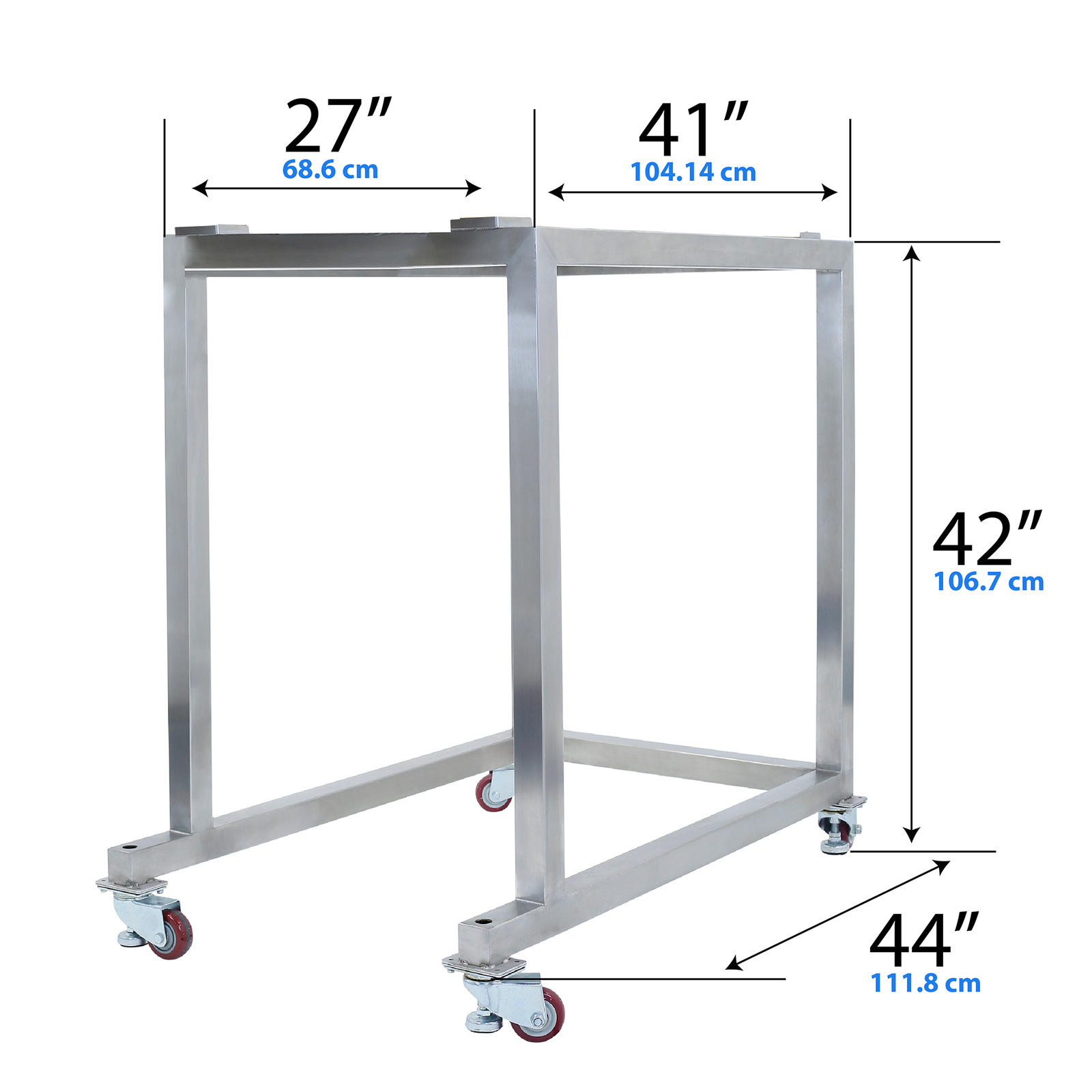 Diagonal view of the stainless steel stand for JORES TECHNOLOGIES® linear weigher 240. Base for Parallax 240 linear weigher with measurements