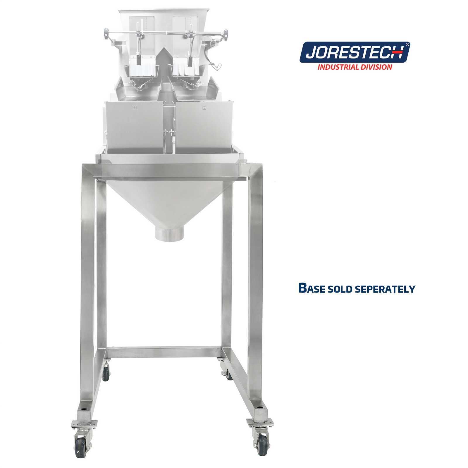 The linear weigher JORES TECHNOLOGIES® parallax 240 for 400 ml positioned on top of the Stainless steel base compatible only with this machine. Text reads: Base sold separately.