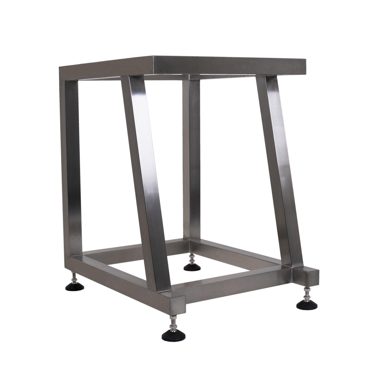 Diagonal view of the stainless steel stand for the JORES TECHNOLOGIES® linear weigher 403. Base for linear weigher