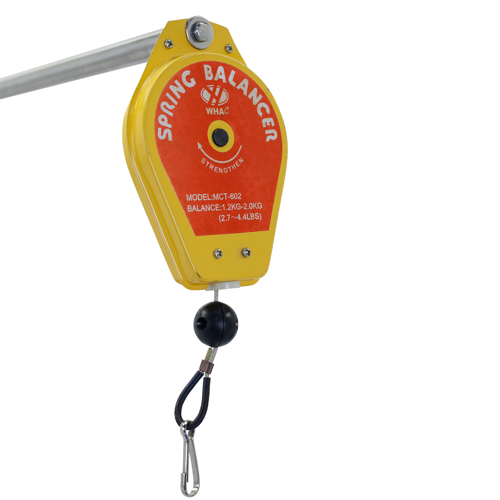 close up of yellow spring balancer on stainless steel tripod