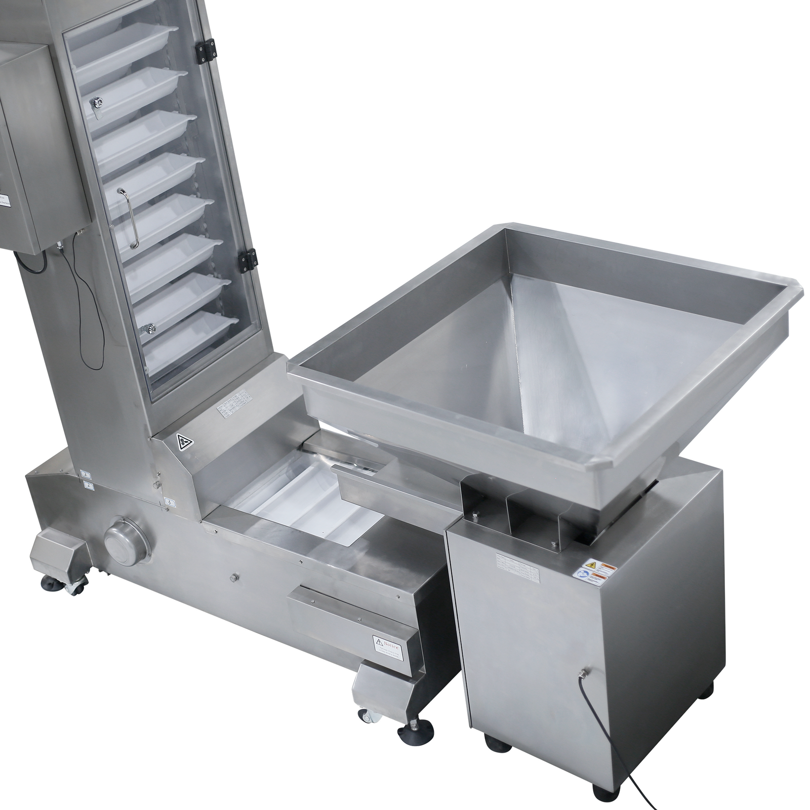 The JORES TECHNOLOGIES® stainless steel vibratory feeder for bucket elevator positioned beside a motorized bucket elevator