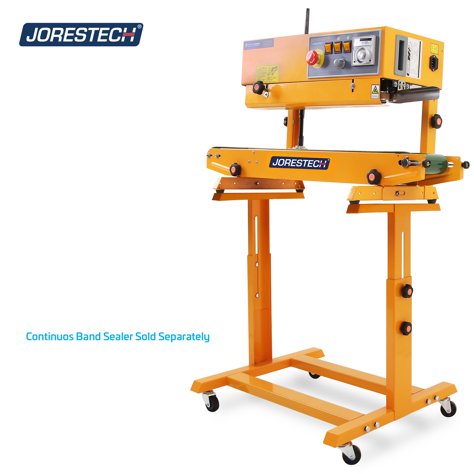 The JORES TECHNOLOGIES® base stand with a CBS-630 installed on top. Text reads: Continuous Band Sealer Sold Separately