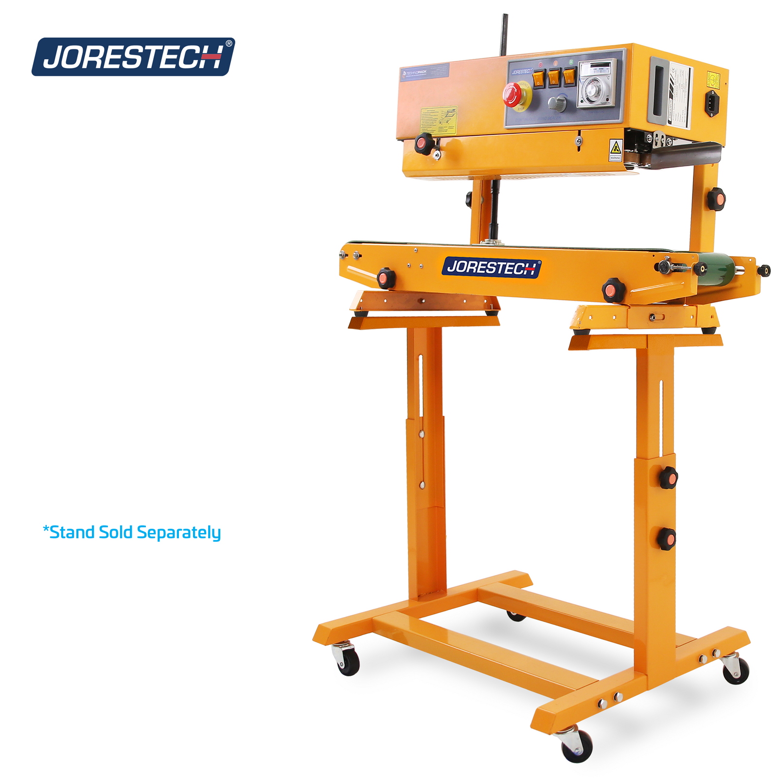 The JORES TECHNOLOGIES® continuous band sealer places on top of its stand. Text reads: stand sold separately.
