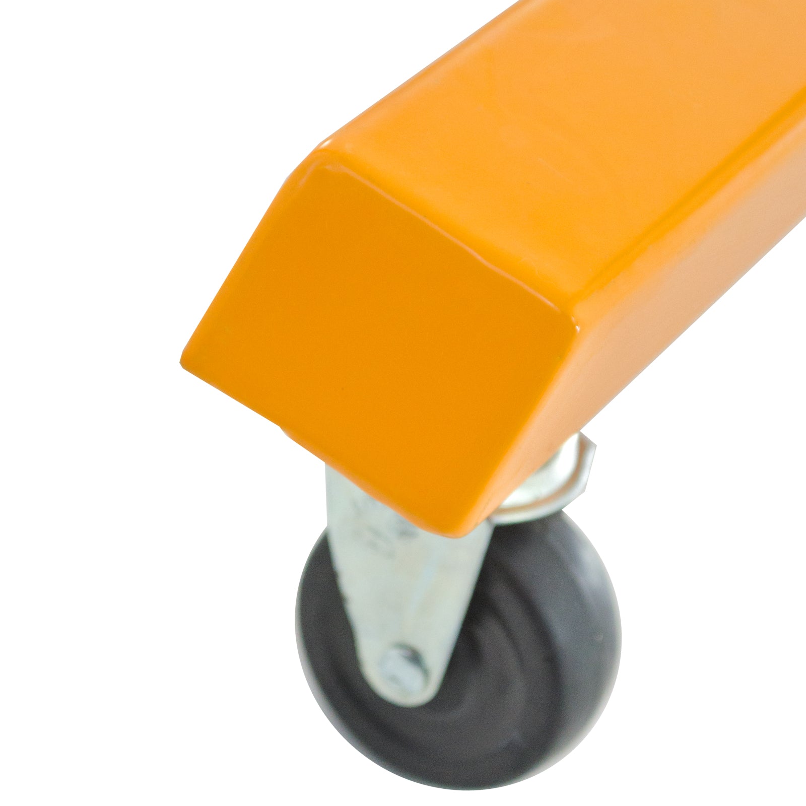 close of black rolling caster on yellow stand for continuous band sealer
