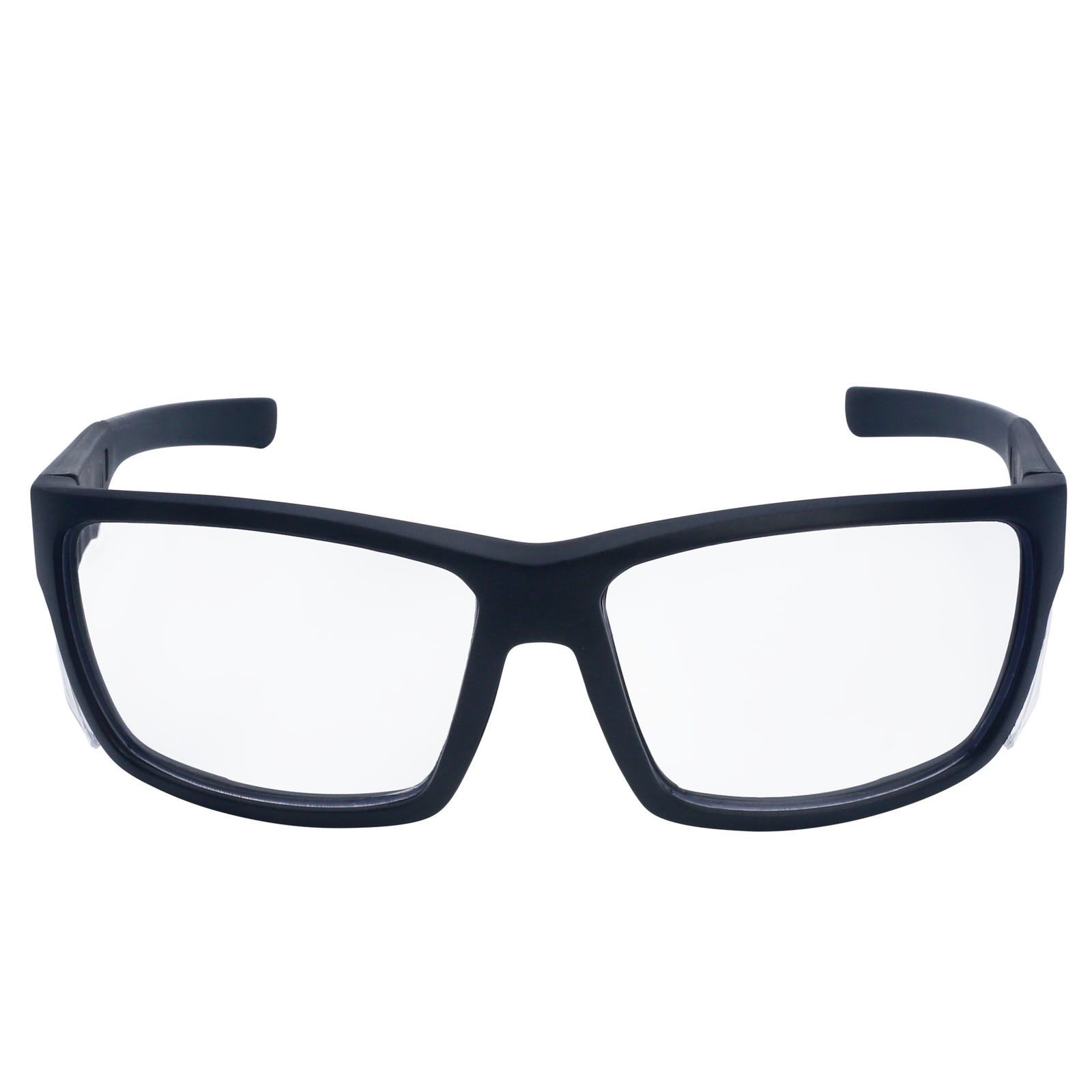 Image shows a front view of a JORESTECH safety Glass with clear side shield for high impact protection. These safety glasses with clear side shields  are ANSI and have black frame and clear polycarbonate lenses. The background of the image is white