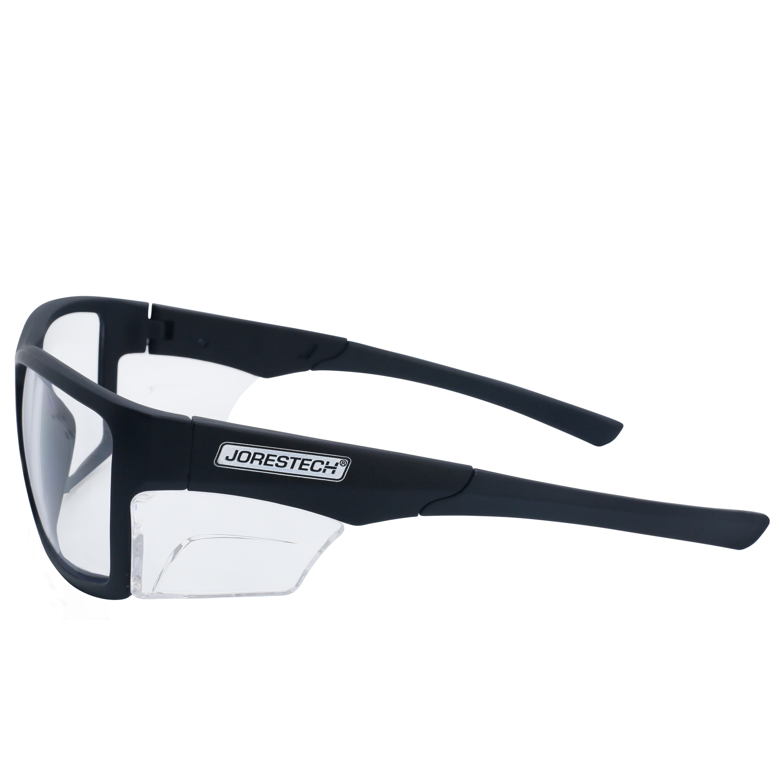 Image shows a side view of a JORESTECH safety Glass with clear side shield for high impact protection. These safety glasses with clear side shields  are ANSI and have black frame and clear polycarbonate lenses. The background of the image is white